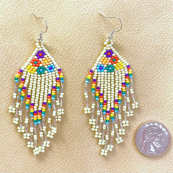 3 5/8" Boho Beige Hand Beaded Multicolor Flowers Floral Tassel Dangle Earrings - Picture 4 of 4